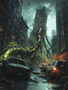 Towering Roots of Nature Overcoming a Dystopian Cityscape with Vines Entwining Abandoned Cars in a Dark and Overgrown Urban Jungle BIOPUNK DIGITAL PAINTING 18 x 24 Inch MineeForm Wall Art Poster