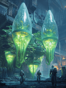 Explorers in Futuristic Bioluminescent Laboratory with Suspended Green Capsules and Intricate Organic Growth in Dark Industrial Setting BIOPUNK DIGITAL PAINTING 18 x 24 Inch MineeForm Wall Art Poster