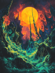 Apocalyptic Landscape with Jagged Spires and Radiant Sun Illuminating a Desolate Alien Terrain in Fiery Hues of Orange and Red Contrast with Luminous Green Vegetation BIOPUNK DIGITAL PAINTING 18 x 24 Inch MineeForm Wall Art Poster