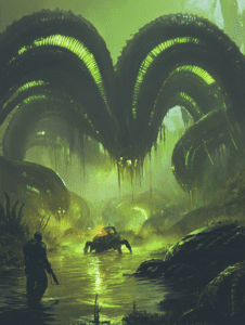 A Lone Explorer Confronts a Monstrous Biomechanical Entity in a Glistening Subterranean Swamp Radiating with Luminescent Green Light BIOPUNK DIGITAL PAINTING 18 x 24 Inch MineeForm Wall Art Poster