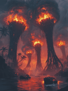 Fiery Cataclysm with Palm Trees and Boats in Foreboding Landscapes with Towers of Flame Erupting into Smoke-Filled Skies BIOPUNK DIGITAL PAINTING 18 x 24 Inch MineeForm Wall Art Poster