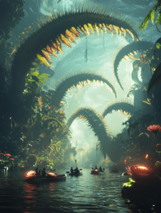 Adventurers Paddling Through a Lush Enchanted Jungle Waterway with Giant Carnivorous Plants Arched Overhead Illuminated by Soft Sunlight Filtering Through Dense Mist BIOPUNK DIGITAL PAINTING 18 x 24 Inch MineeForm Wall Art Poster