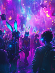 Neon Glowing Figures in a Futuristic Nightclub with Luminescent Bunny Ears and Vibrant Purple and Blue Hues Filling the Air BIOPUNK DIGITAL PAINTING 18 x 24 Inch MineeForm Wall Art Poster