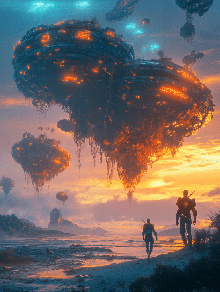 Wanderers in a Biopunk Landscape with Massive Luminous Sky Structures and Vibrant Orange and Blue Horizon BIOPUNK DIGITAL PAINTING 18 x 24 Inch MineeForm Wall Art Poster