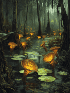 Glowing Amber Flora Illuminating a Mystical Swamp Under the Canopy of Tall Majestic Trees with Shimmering Water Lilies and a Serene Misty Atmosphere BIOPUNK DIGITAL PAINTING 18 x 24 Inch MineeForm Wall Art Poster