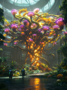 Vivid Luminescence of Enormous Bioluminescent Tree with Vibrant Purple Blooms in Futuristic Eco-Dome with Explorers in Awe BIOPUNK DIGITAL PAINTING 18 x 24 Inch MineeForm Wall Art Poster