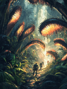 Explorers Venturing Through Sunlit Alien Jungle with Towering Carnivorous Plants and Lush Greenery BIOPUNK DIGITAL PAINTING 18 x 24 Inch MineeForm Wall Art Poster