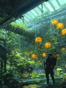 Explorer in Futuristic Greenhouse Surrounded by Lush Vegetation and Glowing Spherical Lights Under Glass Ceiling BIOPUNK DIGITAL PAINTING 18 x 24 Inch MineeForm Wall Art Poster