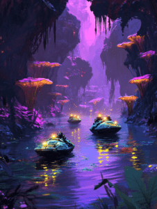 Futuristic Hovercraft Navigate through Glowing Luminescent Fungal Forest in Enchanting Purple and Blue Ecosystem BIOPUNK DIGITAL PAINTING 18 x 24 Inch MineeForm Wall Art Poster