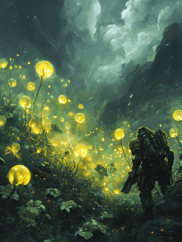 Exploration of an Alien Jungle with Glowing Spherical Plants and Armored Figures Amidst Luminous Flora Under a Mysterious Cloudy Sky BIOPUNK DIGITAL PAINTING 18 x 24 Inch MineeForm Wall Art Poster