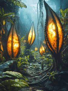 A glowing jungle pathway filled with luminous pod-like plants casting warm illumination amidst lush vibrant foliage and a mysterious misty atmosphere BIOPUNK DIGITAL PAINTING 18 x 24 Inch MineeForm Wall Art Poster