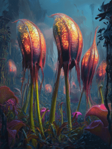 Glowing Alien Flora with Tall Luminescent Bulbs in a Vibrant Extraterrestrial Jungle Scene BIOPUNK DIGITAL PAINTING 18 x 24 Inch MineeForm Wall Art Poster