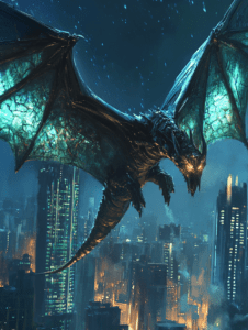 Bioluminescent Dragon Soaring Over Futuristic Metropolis Under a Starry Night Sky BIOPUNK DIGITAL PAINTING 18 x 24 Inch MineeForm Wall Art Poster