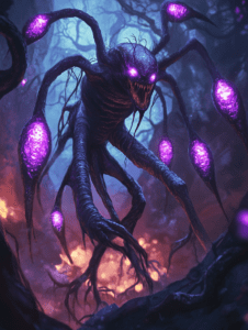 Menacing Biopunk Creature With Glowing Purple Eyes and Tendrils in a Dark Enchanted Forest Aglow With Mysterious Light BIOPUNK DIGITAL PAINTING 18 x 24 Inch MineeForm Wall Art Poster