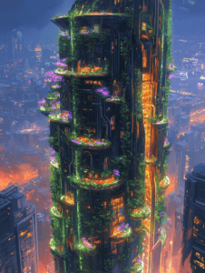 Towering Biopunk Skyscraper Adorned with Vibrant Vegetation and Glowing Lights Overlooking a Futuristic Cityscape at Dusk BIOPUNK DIGITAL PAINTING 18 x 24 Inch MineeForm Wall Art Poster