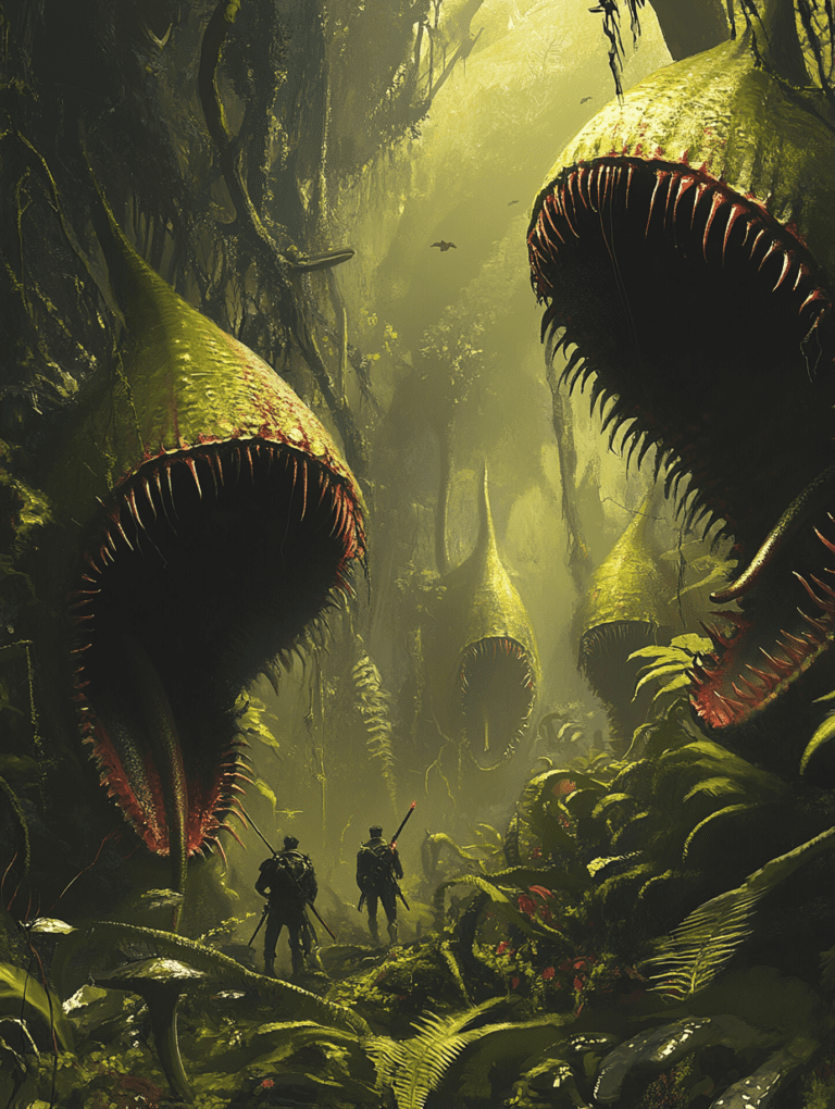 Adventurers Navigating the Menacing Jungle of Giant Carnivorous Plants with Massive Open Mouths and Sharp Teeth in a Dense Lush Forest Surrounded by Exotic Foliage and Vines Bathed in a Mysterious Light BIOPUNK DIGITAL PAINTING 18 x 24 Inch MineeForm Wall Art Poster