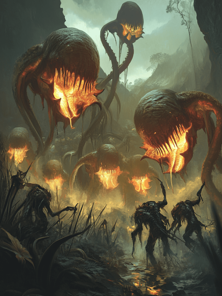 Bioluminescent Giant Predatory Plants Looming Over Mutant Creatures in a Misty Alien Jungle Landscape BIOPUNK DIGITAL PAINTING 18 x 24 Inch MineeForm Wall Art Poster