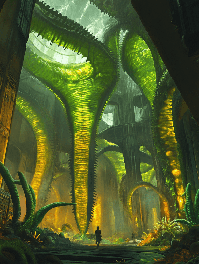 Wanderer Exploring a Vast Futuristic Chamber Draped in Lush Bioluminescent Foliage with Towering Spiral Structures and Intricate Vegetation Patterns BIOPUNK DIGITAL PAINTING 18 x 24 Inch MineeForm Wall Art Poster