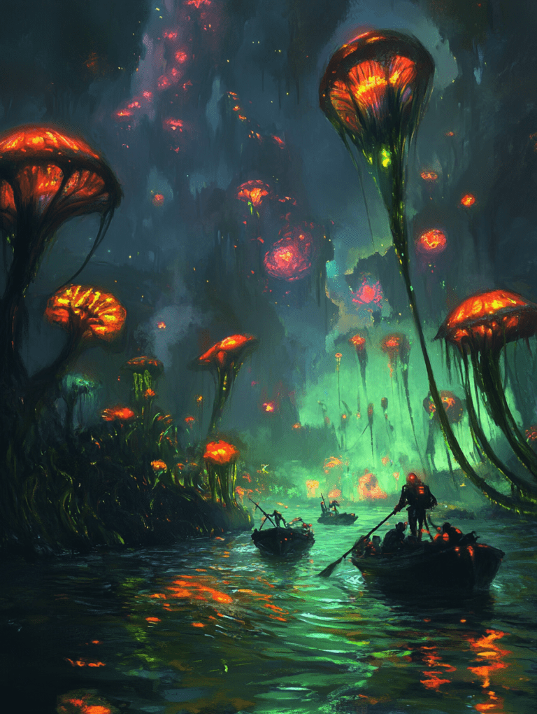 Boats Navigating a Luminous Bioluminescent River Under Towering Alien Flora with Glowing Orange Mushroom Caps and a Mysterious Verdant Sky BIOPUNK DIGITAL PAINTING 18 x 24 Inch MineeForm Wall Art Poster