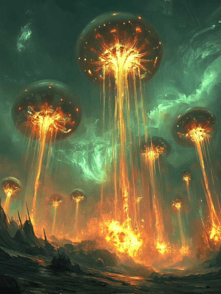 Atmospheric Descent of Luminescent Spheres Casting Golden Rays Over a Spectral Landscape with Fiery Ground Eruptions and Smoke Under an Emerald Sky BIOPUNK DIGITAL PAINTING 18 x 24 Inch MineeForm Wall Art Poster