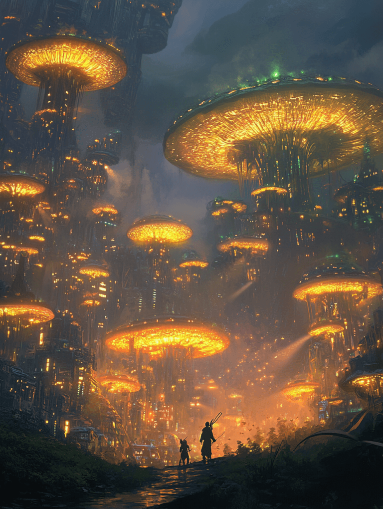 Winding Path Through the Bioluminescent Cityscape with Towering Mushrooms Illuminating the Night Sky BIOPUNK DIGITAL PAINTING 18 x 24 Inch MineeForm Wall Art Poster