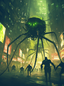 Towering Biomechanical Arachnid with Glowing Eyes Looms Over Hooded Figures in a Futuristic Neon-Lit City Street BIOPUNK DIGITAL PAINTING 18 x 24 Inch MineeForm Wall Art Poster