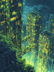 Emerald Cityscape Enveloped in Lush Greenery Overgrown Skyscrapers Illuminated by Softly Glowing Windows Connected by Sky Bridges Against a Mysterious Urban Horizon BIOPUNK DIGITAL PAINTING 18 x 24 Inch MineeForm Wall Art Poster