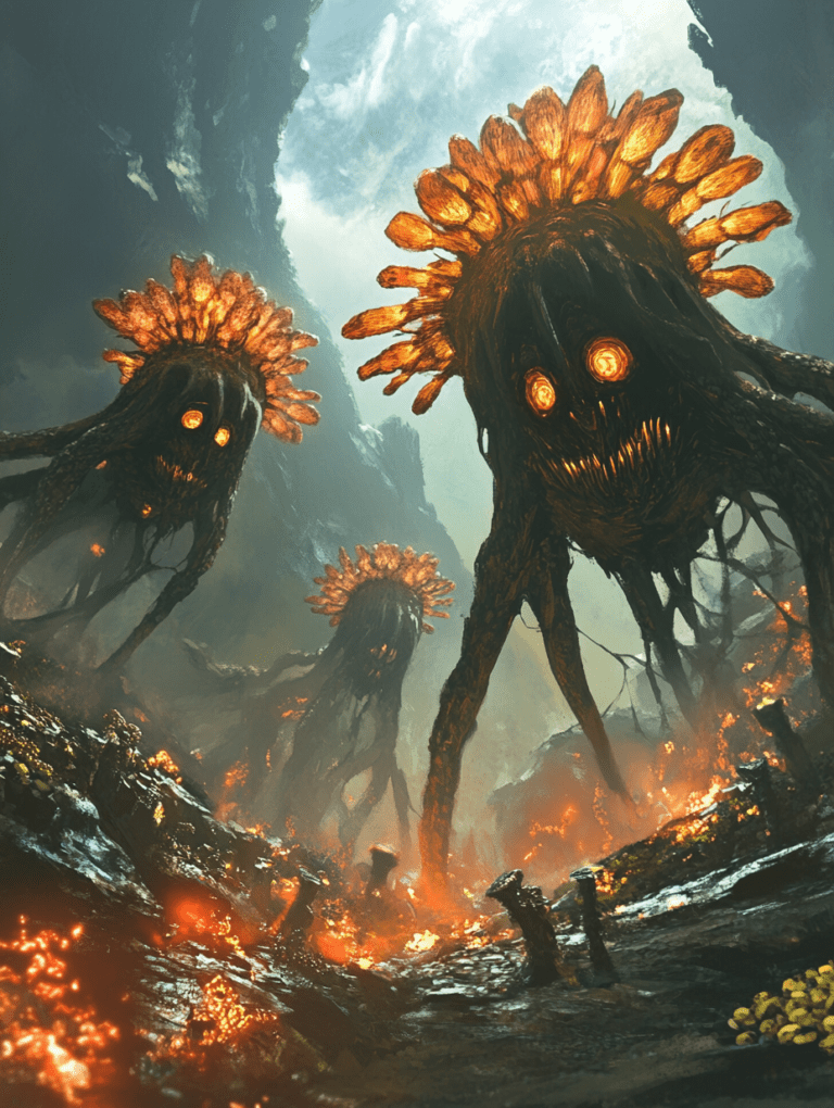 Enigmatic Forest Guardians with Fiery Sunburst Crowns Amidst a Burning Landscape BIOPUNK DIGITAL PAINTING 18 x 24 Inch MineeForm Wall Art Poster