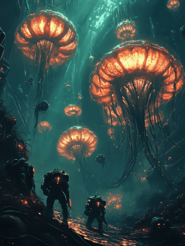 Deep Sea Exploration Under Radiant Bioluminescent Jellyfish in an Alien Ocean with Armored Figures Below BIOPUNK DIGITAL PAINTING 18 x 24 Inch MineeForm Wall Art Poster