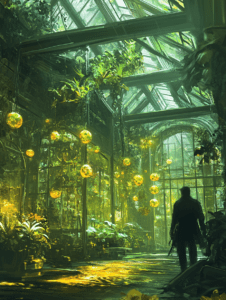 Mysterious Figure Wanders Through Lush Overgrown Greenhouse Illuminated by Glowing Spheres Amid Vibrant Vegetation and Sunlit Glass Roof BIOPUNK DIGITAL PAINTING 18 x 24 Inch MineeForm Wall Art Poster