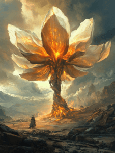 Wanderer Approaches a Majestic Fiery Tree Shaped Like a Blooming Flower Set Against a Dramatic Sky and Rugged Mountainous Terrain BIOPUNK DIGITAL PAINTING 18 x 24 Inch MineeForm Wall Art Poster