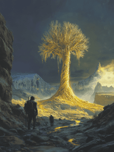 Ray of Hope in an Alien Landscape as Future Explorers Trek Toward a Majestic Luminous Tree Surrounded by Rugged Mountains and a Dark Sky BIOPUNK DIGITAL PAINTING 18 x 24 Inch MineeForm Wall Art Poster