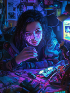 Young Engineer in Cyberpunk Workshop Surrounded by Neon Glow and Advanced Technology Tools Meticulously Working on Futuristic Device with Holographic Interface and Circuitry BIOPUNK DIGITAL PAINTING 18 x 24 Inch MineeForm Wall Art Poster