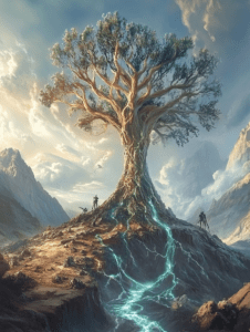 Towering Ancient Tree with Twisting Trunk and Luminescent Roots Surrounded by Misty Mountains and Guardian Figures Beneath a Vibrant Sky BIOPUNK DIGITAL PAINTING 18 x 24 Inch MineeForm Wall Art Poster