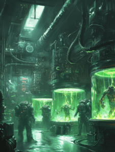 Neon Green Biolabs with Mutant Creatures in Suspended Animation and Heavily Armored Guards in a Dimly Lit Industrial Facility BIOPUNK DIGITAL PAINTING 18 x 24 Inch MineeForm Wall Art Poster