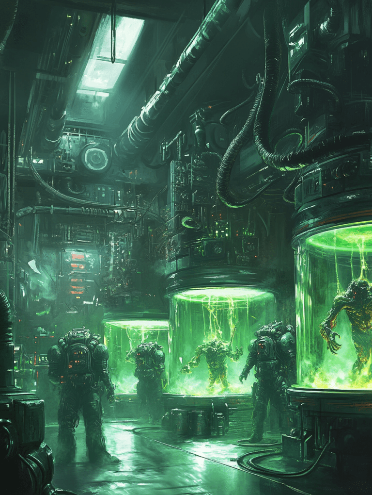 Neon Green Biolabs with Mutant Creatures in Suspended Animation and Heavily Armored Guards in a Dimly Lit Industrial Facility BIOPUNK DIGITAL PAINTING 18 x 24 Inch MineeForm Wall Art Poster