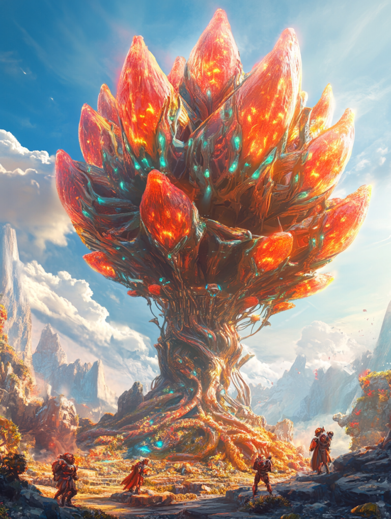 Towering Bioluminescent Tree with Glowing Amber Canopy in Epic Mountainous Landscape with Adventurers in Vibrant Armor Exploring Enchanted Terrain Under Expansive Skies BIOPUNK DIGITAL PAINTING 18 x 24 Inch MineeForm Wall Art Poster