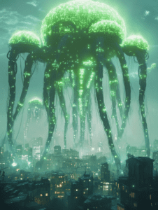 Towering Luminescent Bioengineering Structures Hovering Over a Futuristic Cityscape with Twinkling Green Lights and Pulsating Tentacle-like Appendages BIOPUNK DIGITAL PAINTING 18 x 24 Inch MineeForm Wall Art Poster