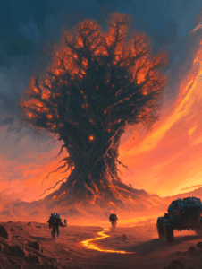 Enormous Fiery Tree Emanating Light Against a Dramatic Sunset with Armored Figures Marching on a Fiery River in a Desolate Space Environment BIOPUNK DIGITAL PAINTING 18 x 24 Inch MineeForm Wall Art Poster