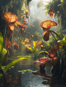 Luminous Carnivorous Plants in a Misty Enchanted Jungle with Glowing Petals and Reflective Water Surrounded by Lush Greenery and Mysterious Vines BIOPUNK DIGITAL PAINTING 18 x 24 Inch MineeForm Wall Art Poster