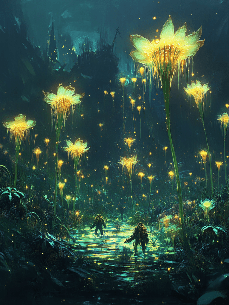 Illuminated Bioluminescent Flora Towering Over Adventurers in a Lush Neon Swamp at Night BIOPUNK DIGITAL PAINTING 18 x 24 Inch MineeForm Wall Art Poster