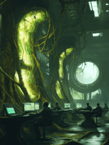 Futuristic Office with Organic Green Vines Twisting Around Industrial Walls and Luminous Screens in a Shadowy Room BIOPUNK DIGITAL PAINTING 18 x 24 Inch MineeForm Wall Art Poster