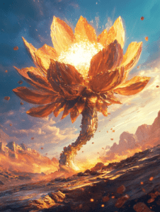 Towering Fiery Blossom Erupting Amidst a Rugged Landscape at Dusk with Radiant Petals and Vivid Sparks Showering Across a Dramatic Mountainous Backdrop BIOPUNK DIGITAL PAINTING 18 x 24 Inch MineeForm Wall Art Poster