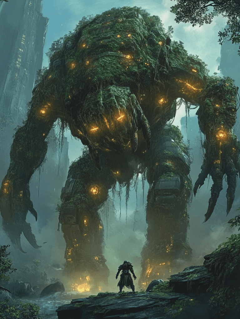 The Colossal Biomechanical Golem Covered in Lush Greenery and Radiant Amber Lights Towering Over a Lone Figure in a Misty Forest Ruin Scene BIOPUNK DIGITAL PAINTING 18 x 24 Inch MineeForm Wall Art Poster