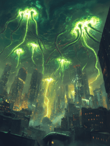 Luminous Green Tendrils Descend from Turbulent Sky Illuminating Futuristic Cityscape with Towering Skyscrapers and Dark Shadows BIOPUNK DIGITAL PAINTING 18 x 24 Inch MineeForm Wall Art Poster