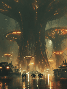 Colossal Bioluminescent Trees Looming Over a Dystopian Cityscape with Mechanical Figures and Reflections on Water BIOPUNK DIGITAL PAINTING 18 x 24 Inch MineeForm Wall Art Poster