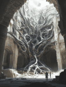 Majestic Entwined Roots in Ancient Cathedral Ruins with Two Figures Observing Towering Organic Structures in Sunlit Interior BIOPUNK DIGITAL PAINTING 18 x 24 Inch MineeForm Wall Art Poster