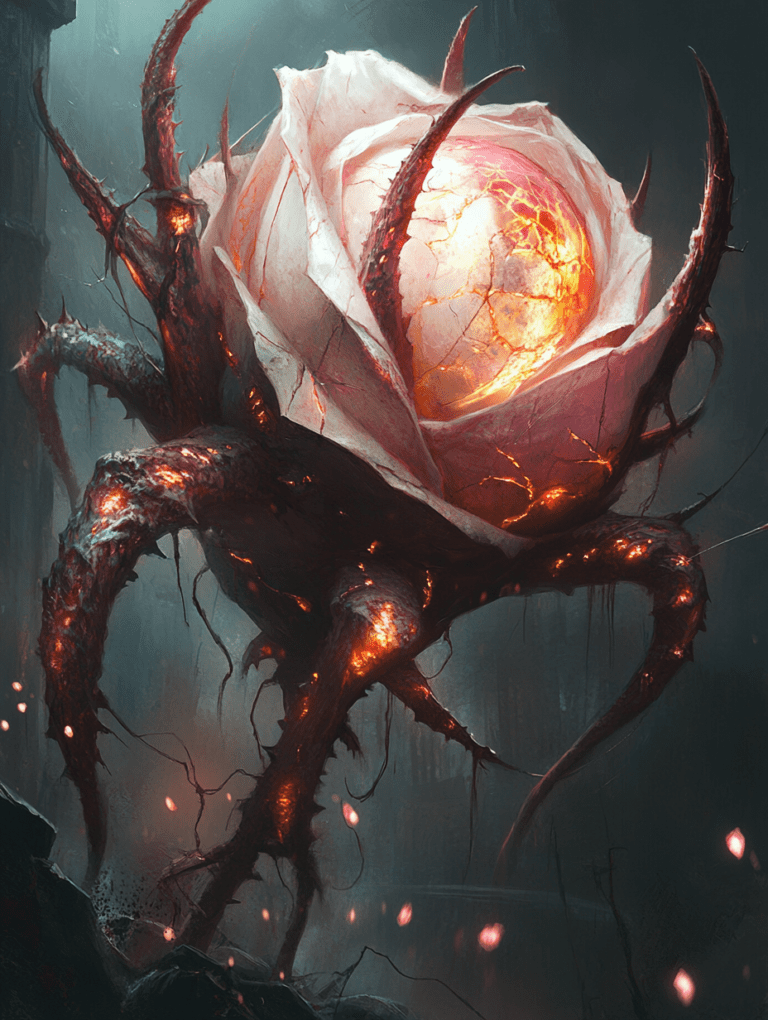 Giant Biomechanical Rose with Glowing Core and Twisted Thorns in a Dark Mysterious Urban Environment BIOPUNK DIGITAL PAINTING 18 x 24 Inch MineeForm Wall Art Poster