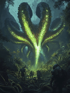 Explorers Venture Through Lush Alien Jungle Confronting Enormous Towering Bioluminescent Plant with Glowing Tentacles Under Mysterious Canopy Sky BIOPUNK DIGITAL PAINTING 18 x 24 Inch MineeForm Wall Art Poster