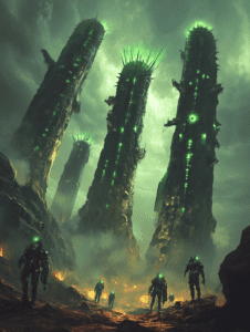 Sentient Guardians in Futuristic Armour Walk Among Towering Spire Structures Radiating Pulsing Green Energy Emanating from a Mystical Landscape Cloaked in an Ethereal Glow BIOPUNK DIGITAL PAINTING 18 x 24 Inch MineeForm Wall Art Poster